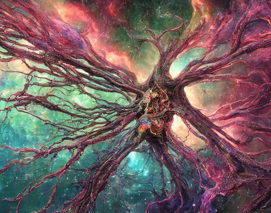 Colorful Cosmic Tree with Sprawling Branches in Starry Space