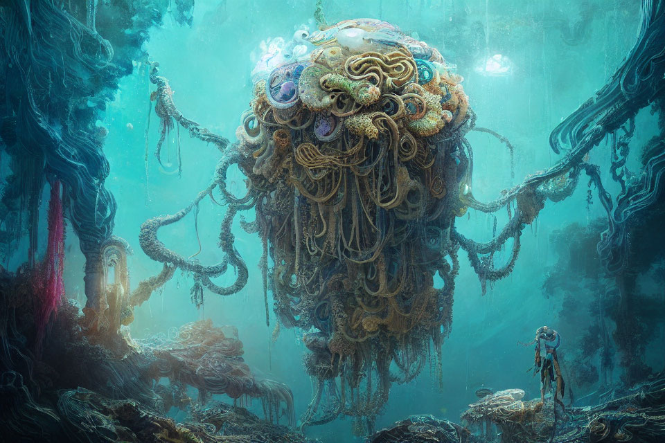 Gigantic tentacled sea creature and diver in underwater scene