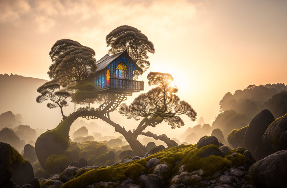 Unique Treehouse with Stained Glass Windows in Misty Landscape