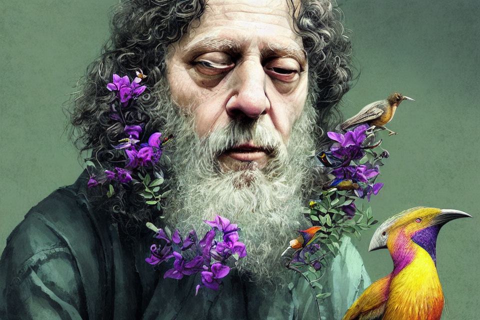 Man with Graying Beard and Purple Flowers, Birds Perched