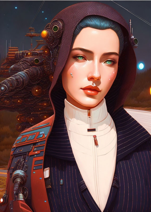 Futuristic digital artwork of woman in navy suit with teal eyes in sci-fi setting