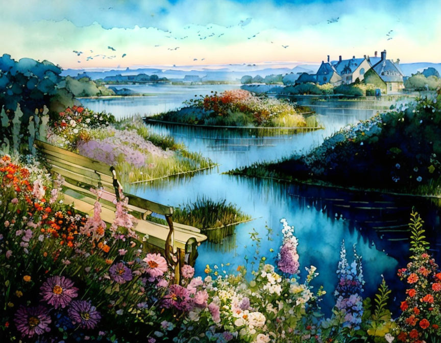 Tranquil riverside scene with bench, flowers, houses, birds, and pastel sky