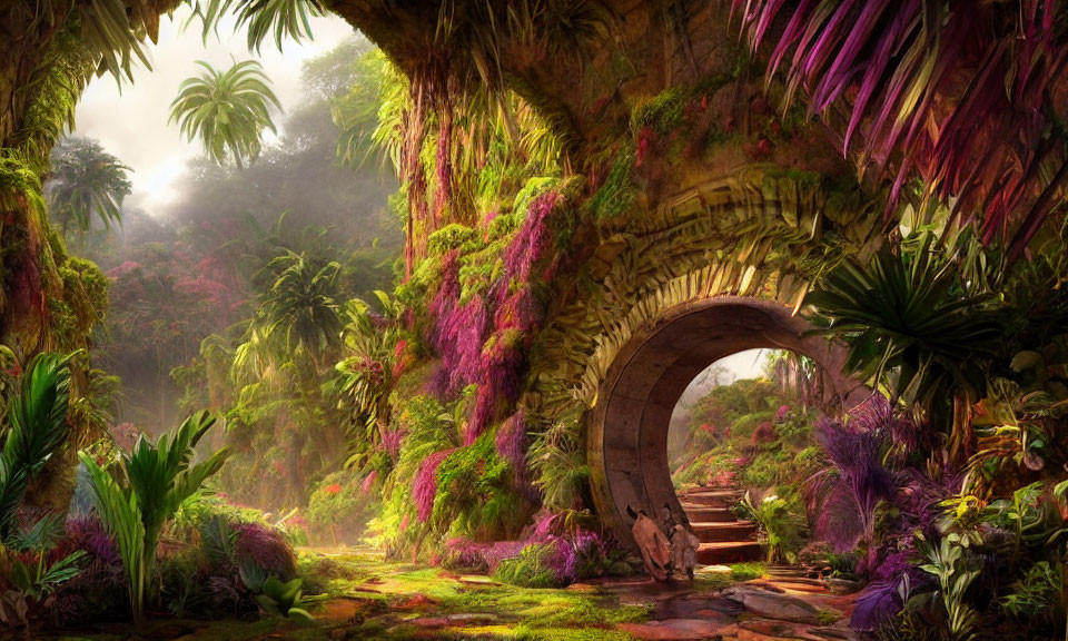 Vibrant jungle scene with moss-covered stone archway and colorful flora