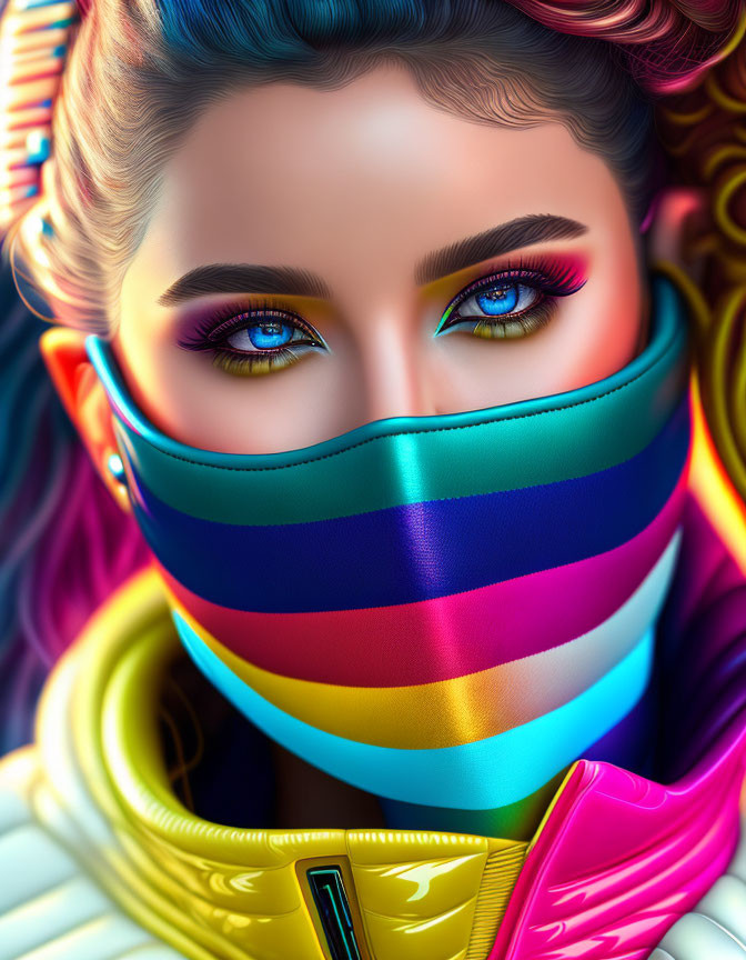 Detailed digital artwork: woman with vibrant makeup and colorful striped mask.