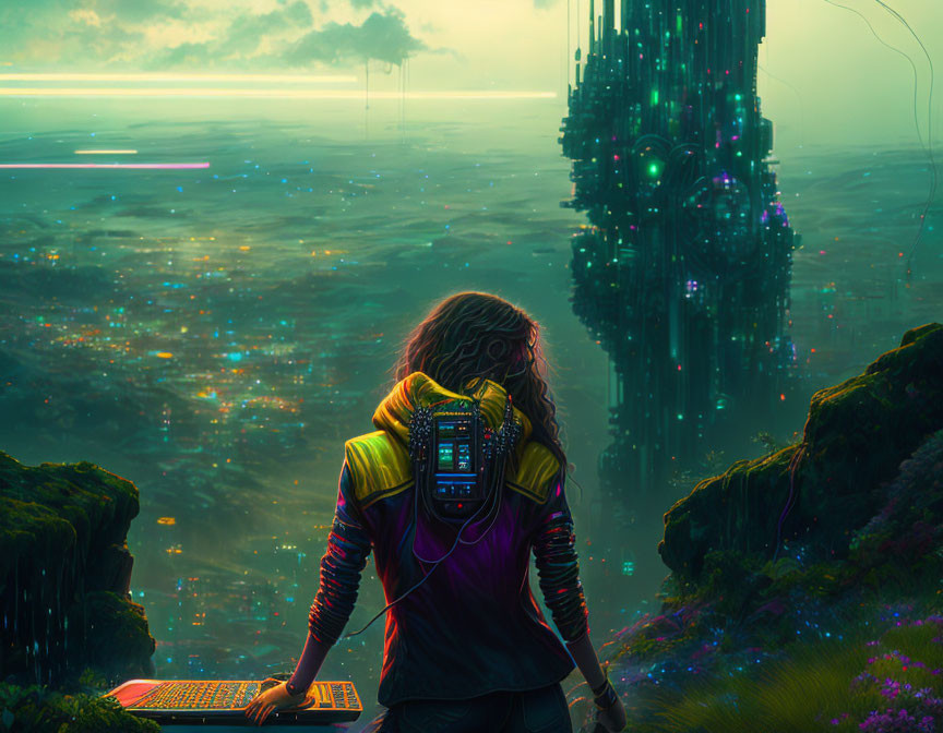 Futuristic backpack-wearing figure gazes at cybernetic structure in alien landscape