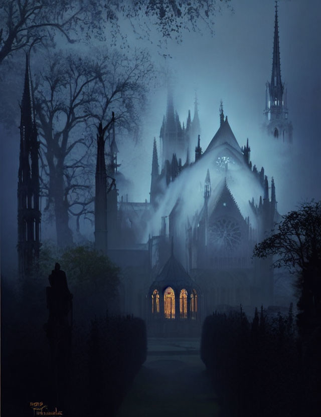 Gothic cathedral in fog with illuminated windows at twilight