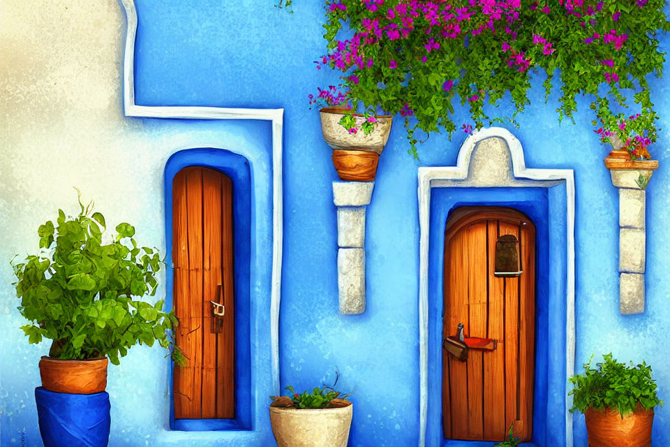 Vibrantly painted blue wall with wooden doors, terracotta pots, green plants, pink flowers