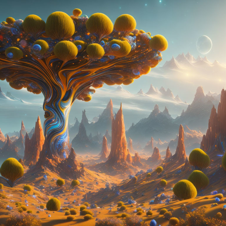 Surreal landscape with giant tree and moons in sky