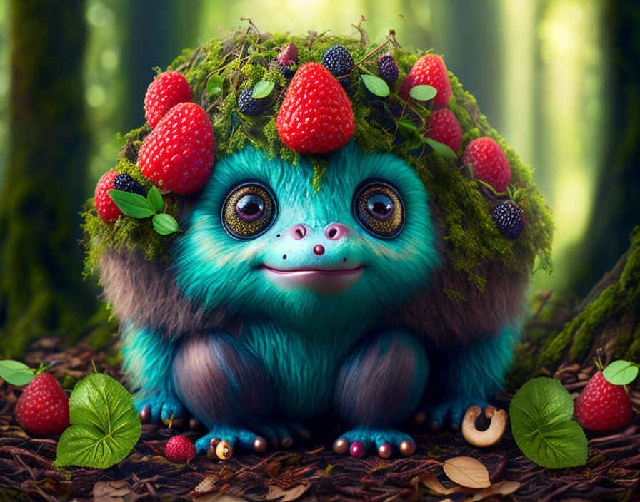 Blue-furred creature with mossy head and berries in forest