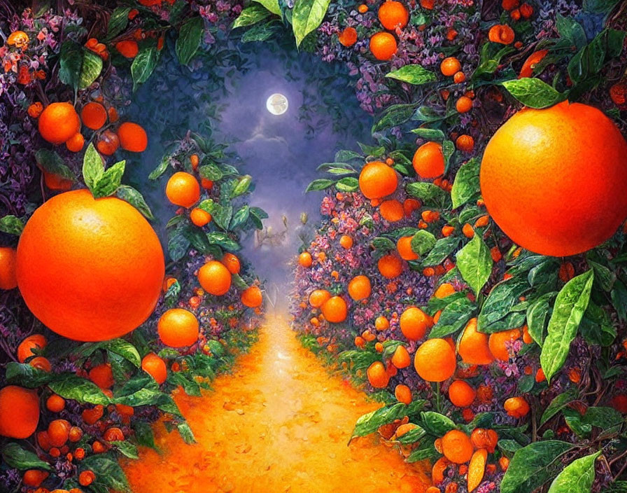 Moonlit orange tree path with mist and ripe fruit