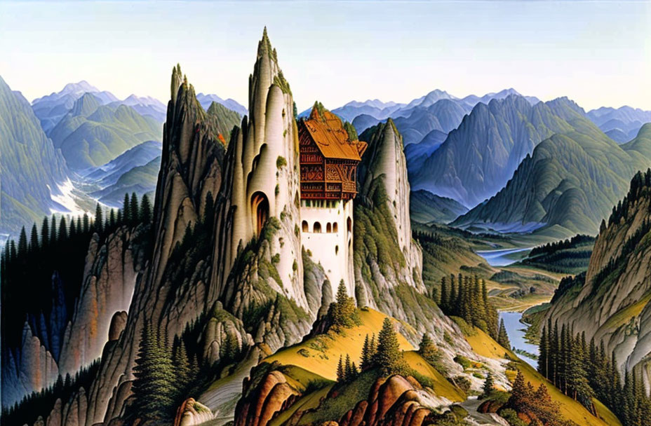 Fantastical castle on steep cliff in lush mountain landscape