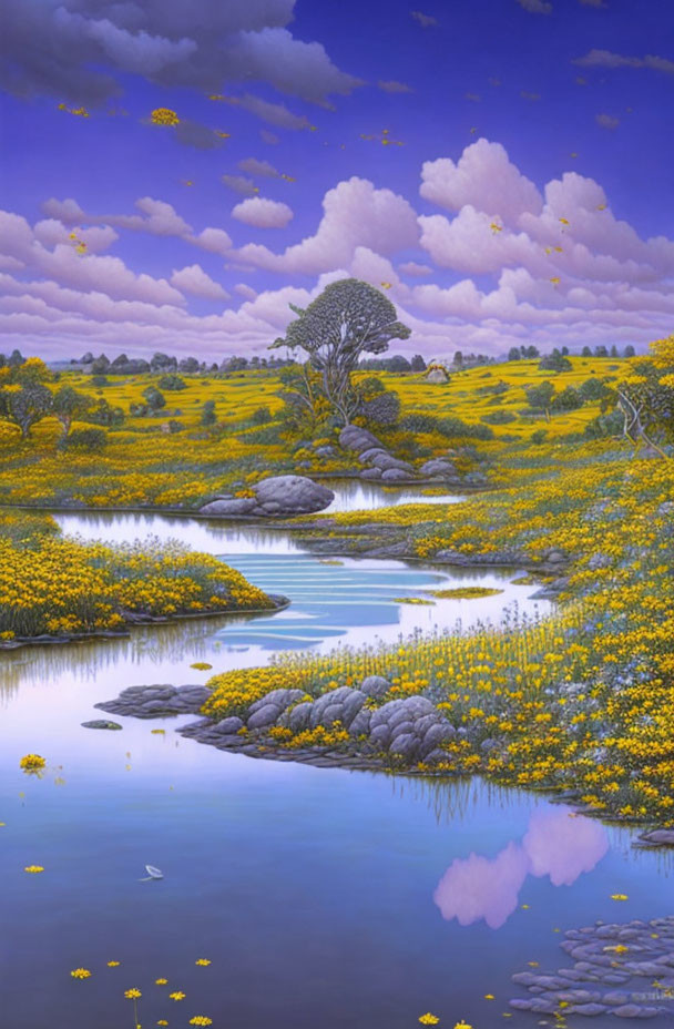 Tranquil landscape with vibrant yellow flowers, meandering stream, scattered trees, and blue sky.