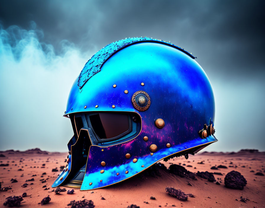 Blue Steampunk Helmet with Gold Detailing on Rocky Terrain