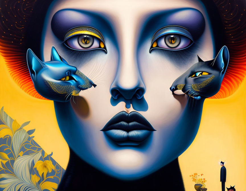 Colorful surrealistic painting: woman's face with blue cat eyes & tiny figure.