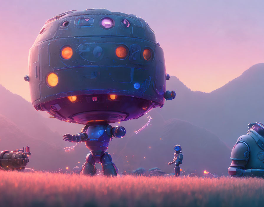 Astronaut encounters spherical robot in alien landscape at dusk