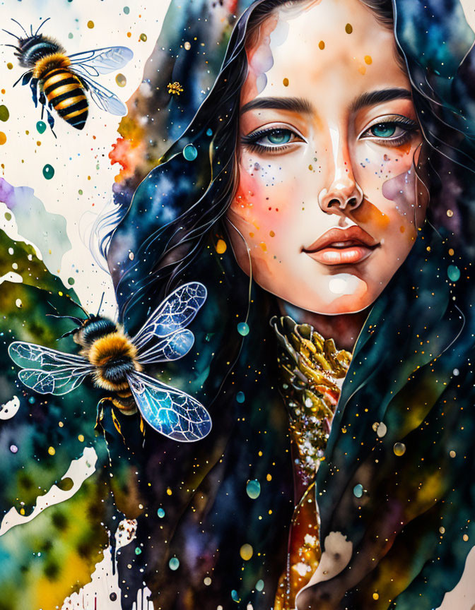 Detailed illustration: Woman with colorful eyes, bees, paint splatters, celestial backdrop