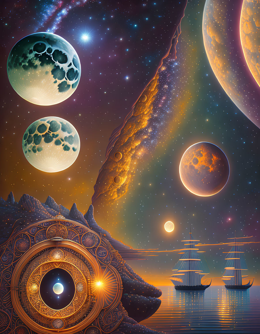 Detailed cosmic landscape with moons, fiery planet, ships, and starry sky.