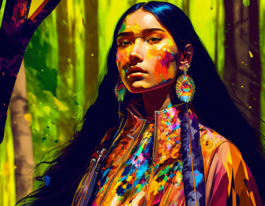 Colorful portrait of a woman with paint splashes and traditional earrings against abstract forest backdrop