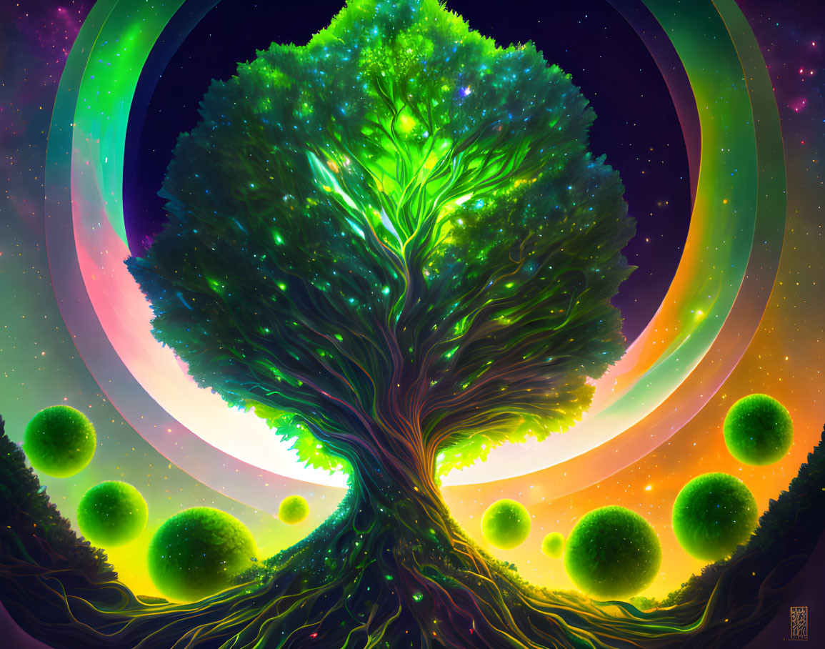 Colorful tree illustration in cosmic setting