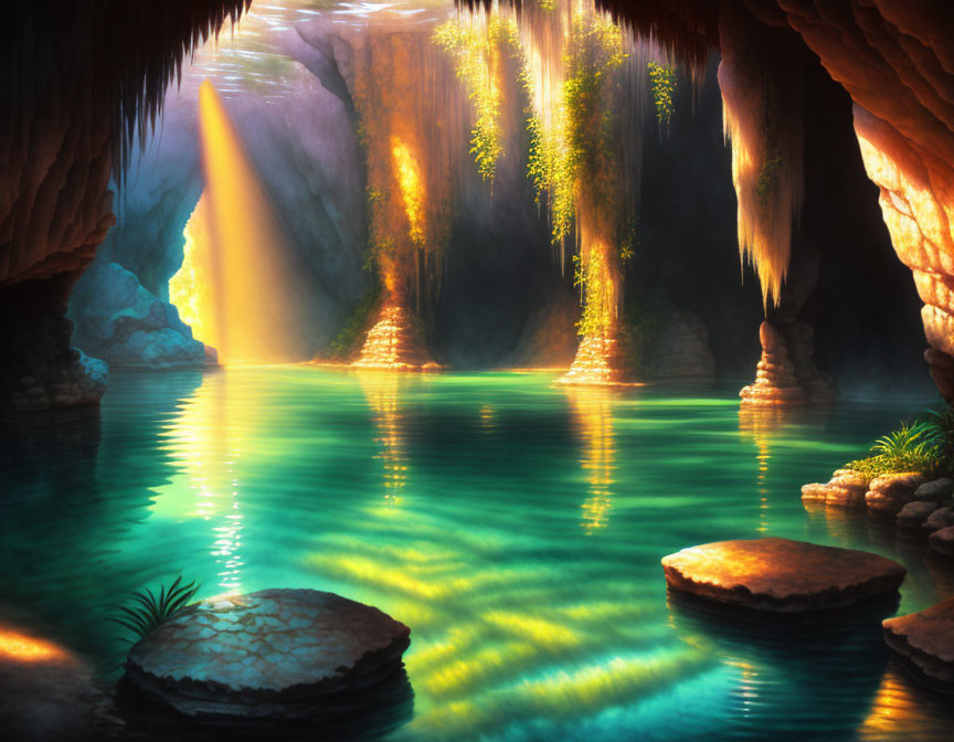 Sunlit Underground Cavern with Turquoise Water and Stalactites