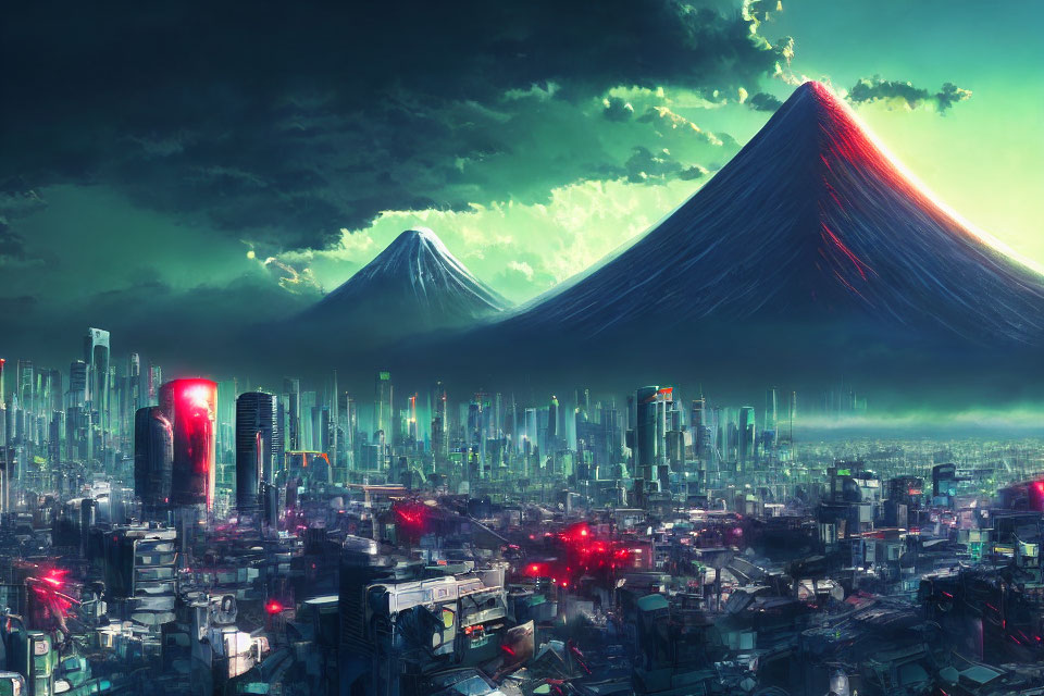 Futuristic twilight cityscape with erupting volcano under green sky