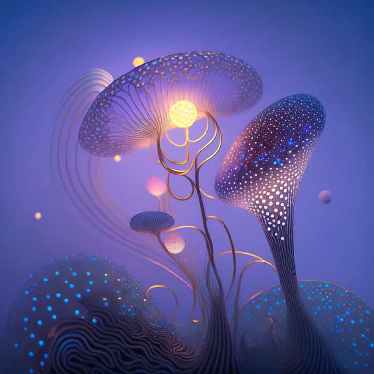 Bioluminescent jellyfish-like structures on purple gradient background