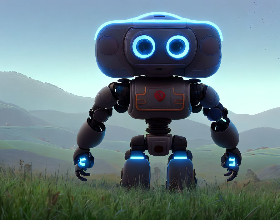 Friendly Robot with Glowing Blue Eyes in Green Field