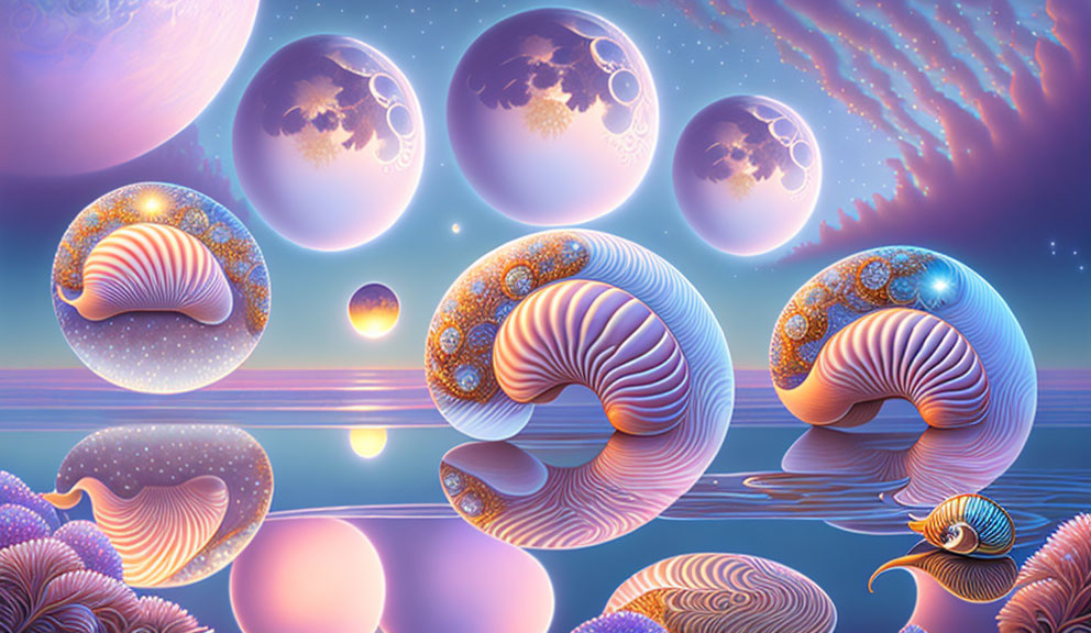 Surreal landscape with nautilus shells, moons, and purple sky