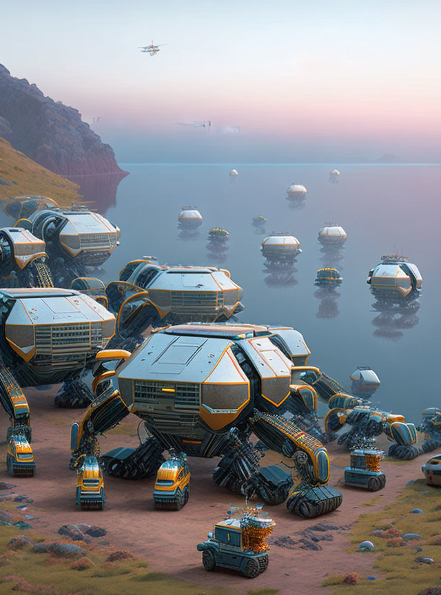 Futuristic insect-shaped vehicles and structures near tranquil sea at sunrise