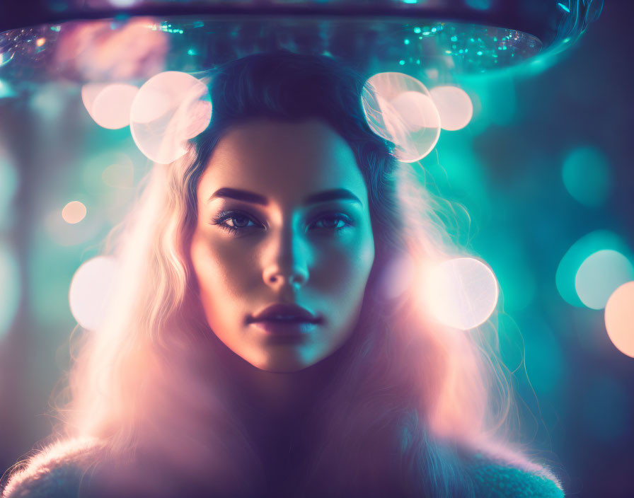 Serene woman under colorful bokeh lights