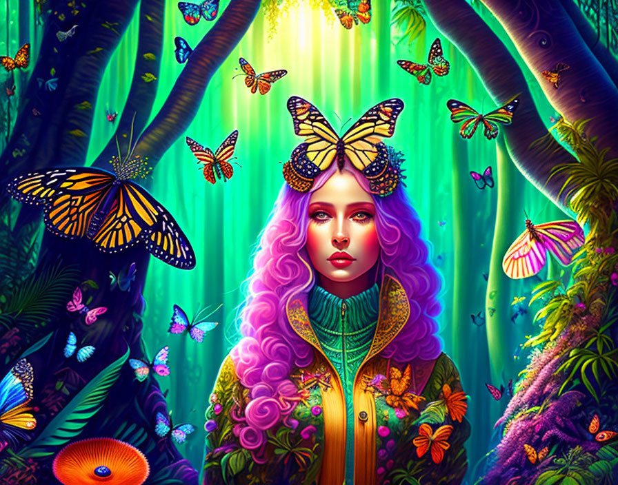 Colorful illustration of woman with purple hair in fantastical forest