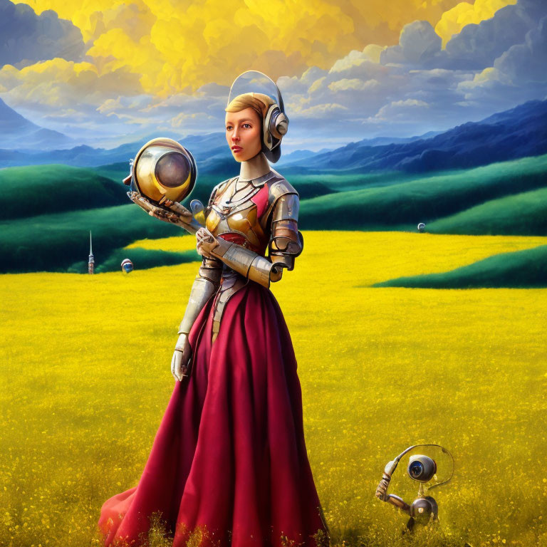 Female warrior in medieval armor and red dress in flower field with futuristic twist under stormy sky