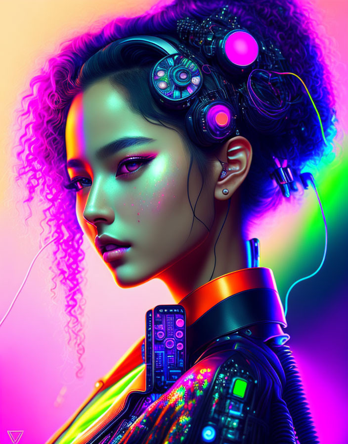 Digital artwork of a woman with cybernetic enhancements and neon colors