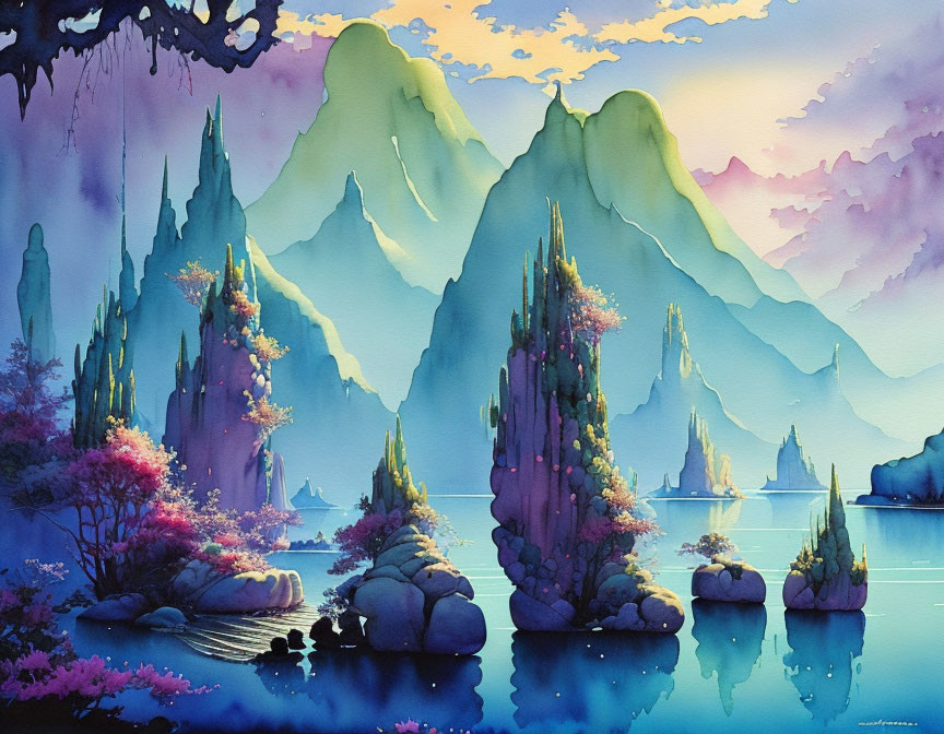 Majestic mountains and serene waters in vibrant watercolor