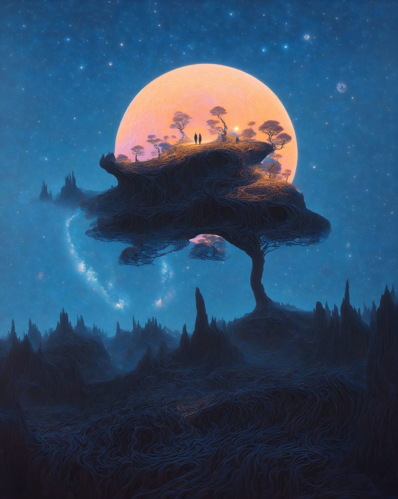 Giant tree on floating island under full moon