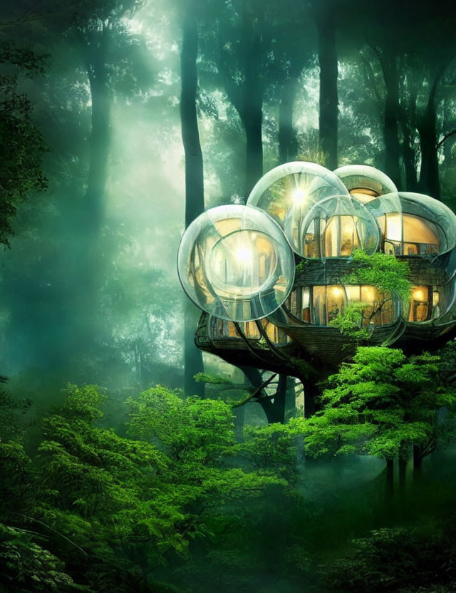 Enchanting treehouse with glass-like rooms in lush forest