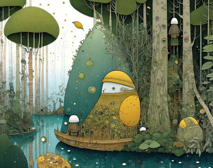 Whimsical forest illustration with character in boat among oversized mushrooms