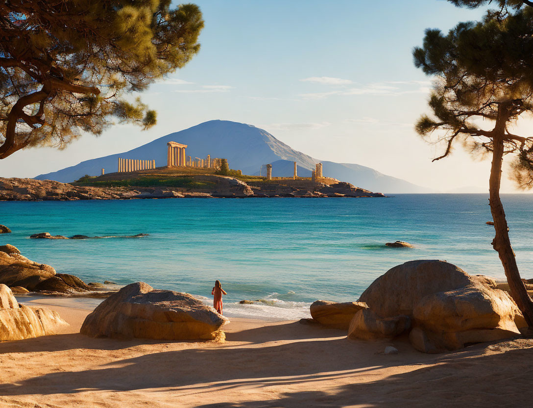 Sandy beach with blue waters, trees, columns, and hazy sky