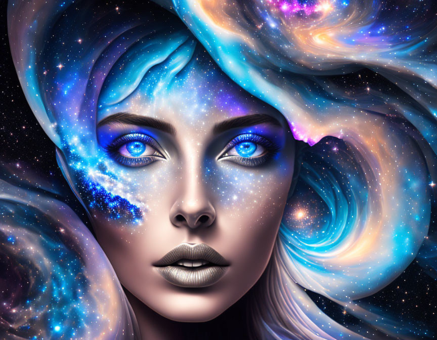 Cosmic-themed surreal portrait of a woman with swirling galaxies and vibrant blues