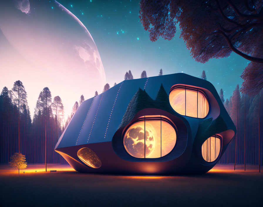 Futuristic house with large round windows in forest at twilight