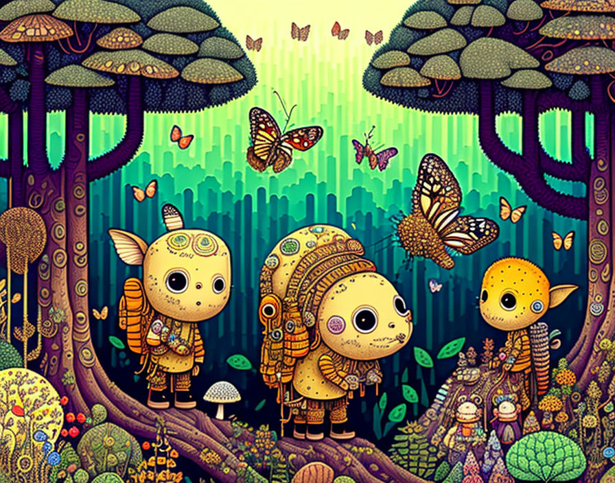 Illustration of three anthropomorphic creatures in vibrant forest