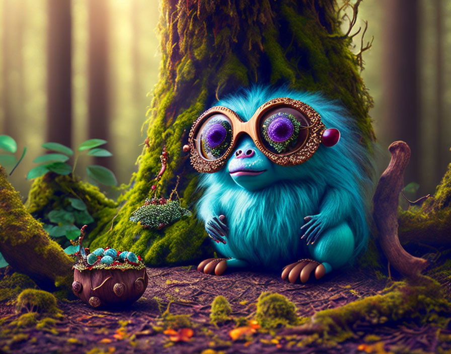 Blue-Furred Creature with Large Glasses in Mystical Forest with Berries