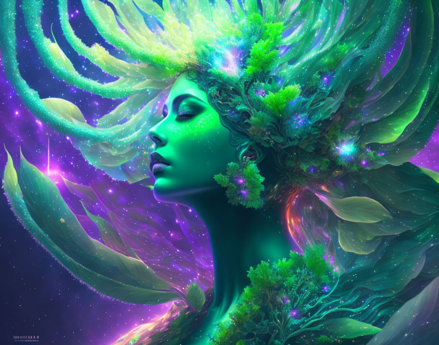 Female figure with nature and space motifs in green and purple blend