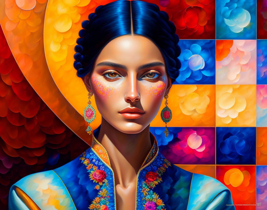 Colorful portrait of a woman with blue hair and intricate earrings in fiery mosaic.