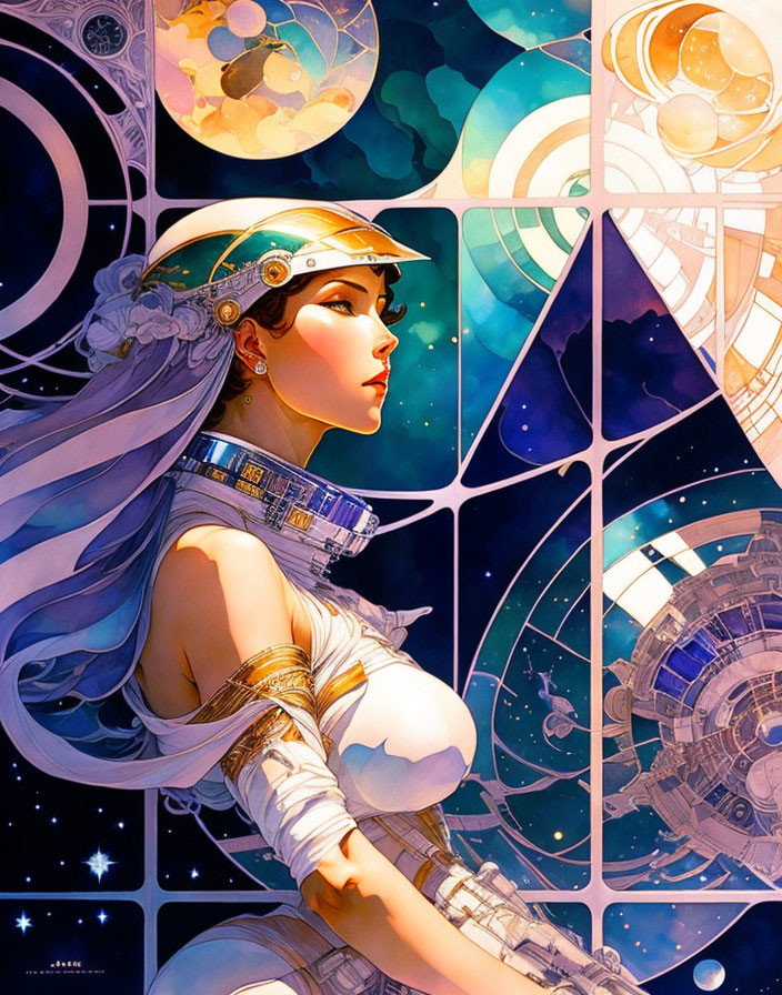 Illustration of woman with futuristic headgear gazing at cosmic scene