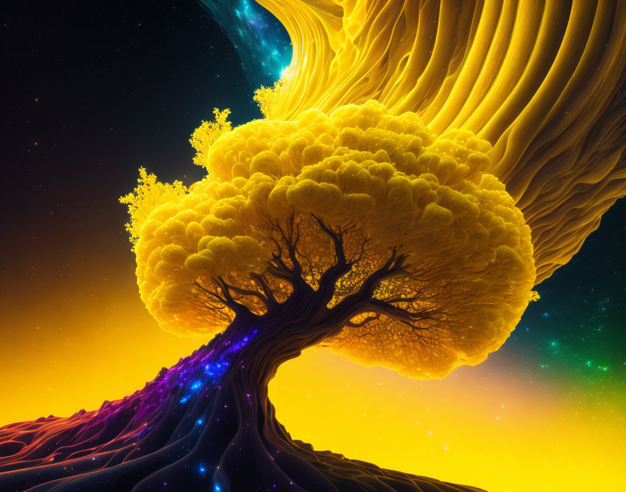 Colorful digital artwork of luminous tree against cosmic backdrop