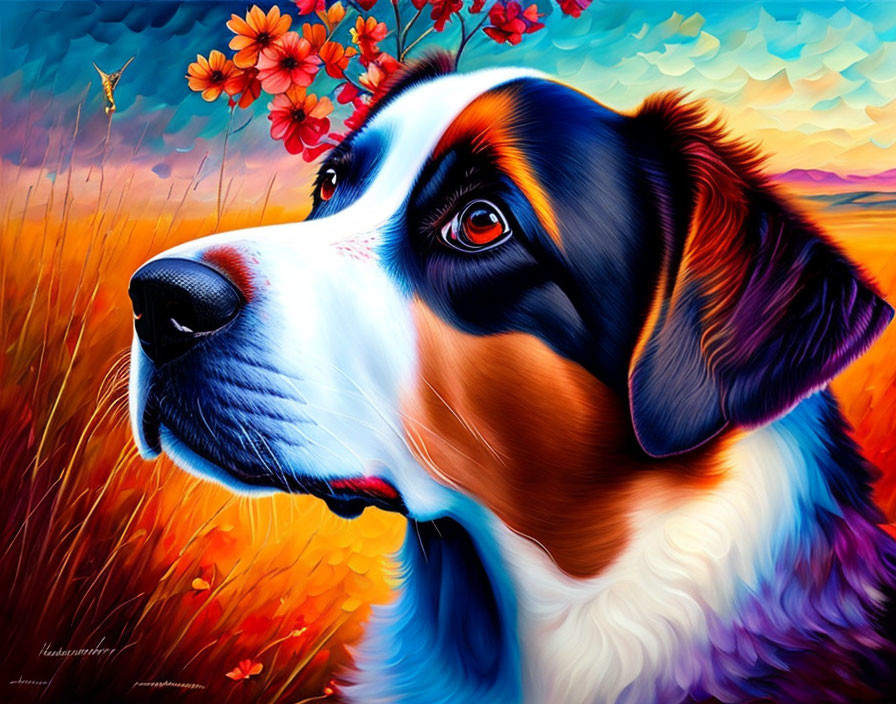 Colorful Bernese Mountain Dog painting in vibrant meadow setting