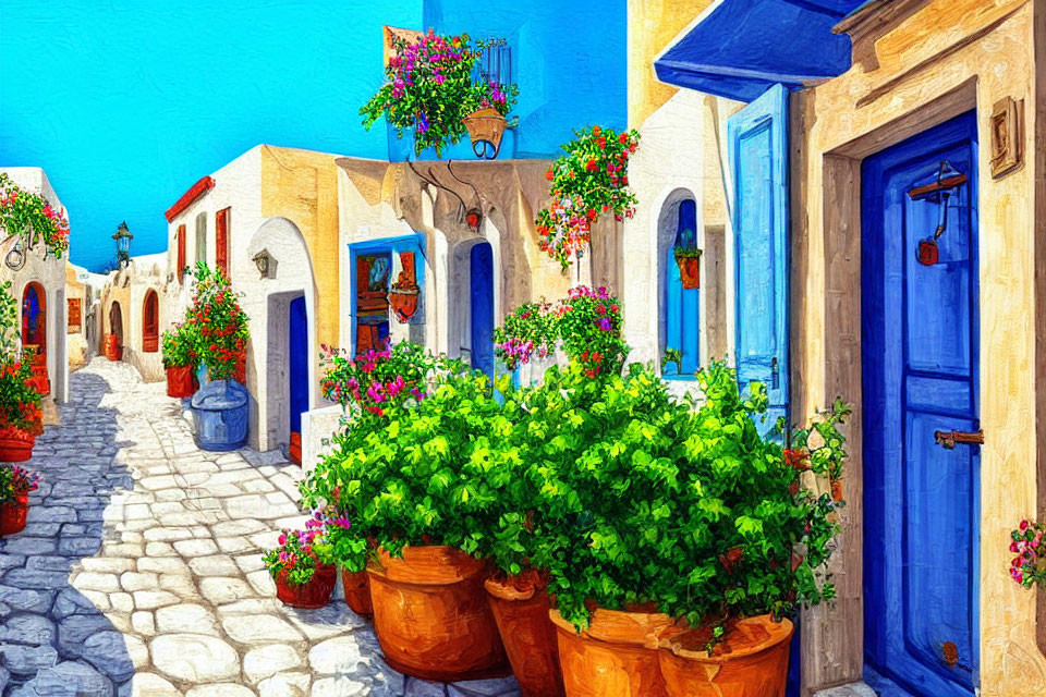 Colorful Mediterranean Street Scene with Blue Doors, White Walls, Cobblestone Path, and Flowers