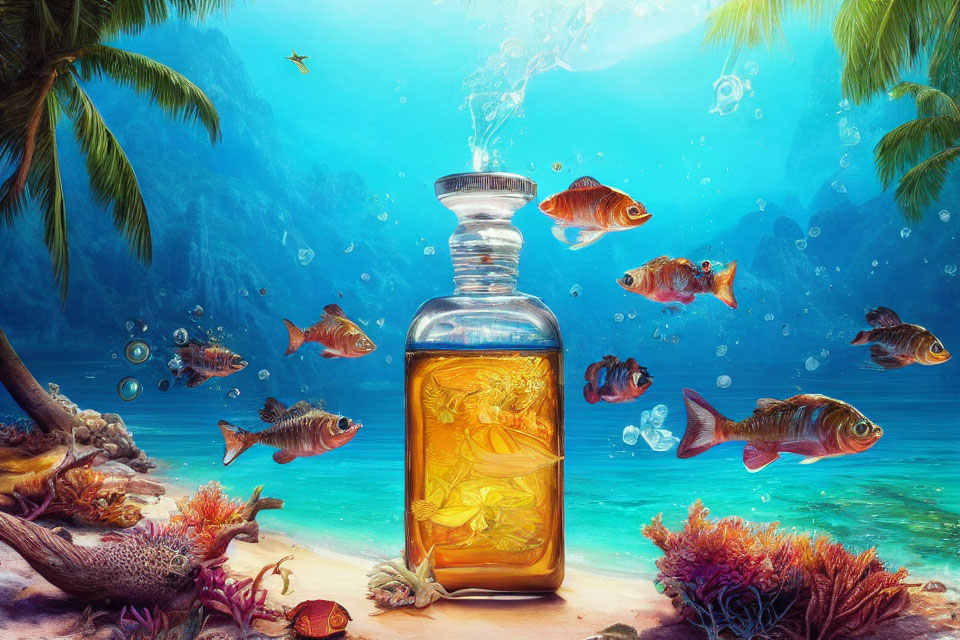 Colorful Fish Swimming Around Sealed Bottle with Golden Liquid in Underwater Scene