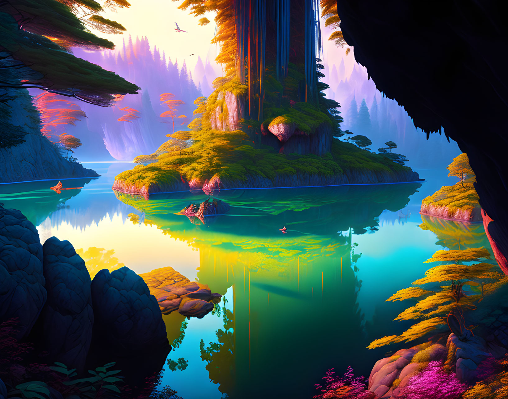 Colorful fantasy landscape with lush islands, towering trees, and tranquil lake reflection